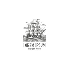 hand-drawn vintage ocean with ship logo design, illustration on white background, ship sailing logo vintage