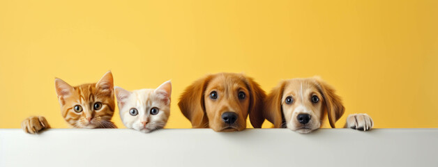 Banner cute dogs and cats are looking on an isolated yellow background. website banner or social media header