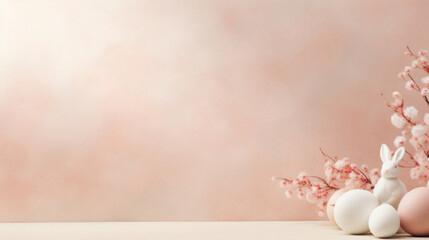 A minimalist Easter scene featuring a white bunny with soft pink cherry blossoms and a trio of Easter eggs on a pastel backdrop.
