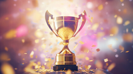 A grand golden trophy shines brightly, encapsulated in a festive atmosphere with golden confetti raining down in celebration.