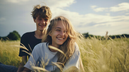 Two smiling teenagers enjoy a carefree moment, sitting in a golden wheat field under a clear blue sky.