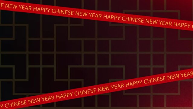 Happy Chinese New Year Text on a line with Chinese decoration background, gradient black and red colors, copy space area. Suitable for use as Chinese New Year celebration videos.