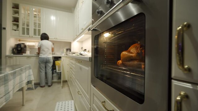 cooking roasted stuffed turkey in kitchen oven, woman preparing thanksgiving or christmas holiday dinner