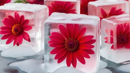 red flowers covered in ice cubes 