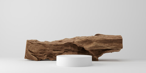 3d cosmetic products background. 3d display rustic brown wood and podium for cosmetic, perfume presentation. 3d rendering illustration