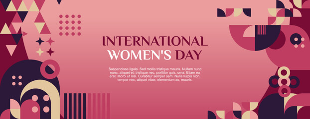 International Women's Day banner. Modern geometric abstract background in colorful style for women day. Happy women's day greeting card cover with text. Happy world women's day for awareness. - obrazy, fototapety, plakaty