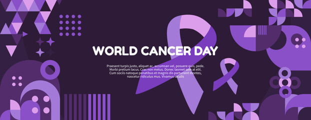 World Cancer Day banner. Modern geometric art background in colorful style for Cancer day. Cancer day greeting card cover with text. World Cancer Day creative background for awareness.