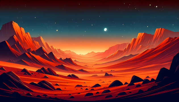 Martian extraterrestrial computer game backdrop Red desert surface with mountains, craters, Mars landscape, alien planet background