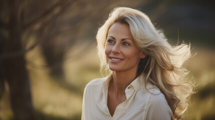 Portrait of smiling blond 45 yo mid age woman outdoors