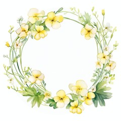 Fototapeta premium watercolor primrose flower arrangement around a white circle, clipart in the style of soft and dreamy atmosphere