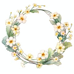 Obraz premium watercolor primrose flower arrangement around a white circle, clipart in the style of soft and dreamy atmosphere