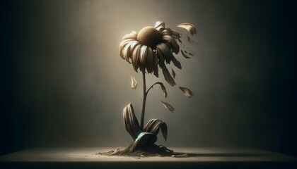 Wilted flower with petals falling, dramatic lighting - obrazy, fototapety, plakaty