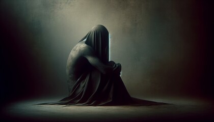 Figure shrouded in a cloak with dramatic lighting - obrazy, fototapety, plakaty