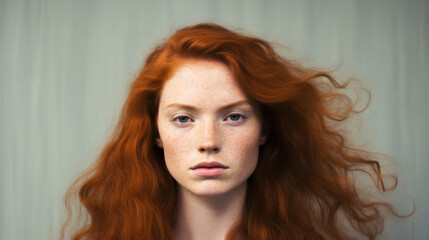 Beauty portrait of a red-haired beautiful glamor woman on studio background. With a copy space.