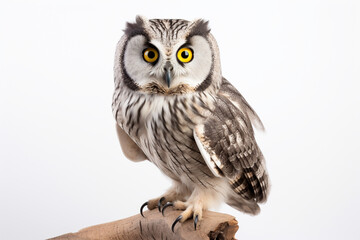 Naklejka premium Boreal Owl standing on a white background. Animal front portrait.