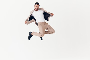 man business victory smiling running happy attractive beige businessman winner suit