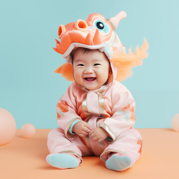 A cute and happy Asian baby in a pink pastel costume and a dragon hat on pastel blue background. Chinese New Year celebration background design with copy-space for text.