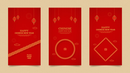 Chinese Happy New Year Social Media Stories Collection Template with Pattern Border and Chinese Lanterns with Empty Space for Photo 
