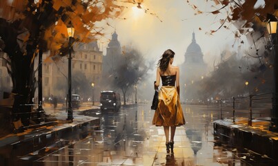 Fototapeta premium Oil Painting - Alone girl on an old city street