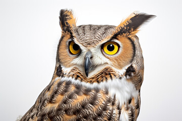 Fototapeta premium Great Horned Owl close-up portrait on a white background.