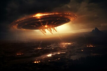 Obraz na płótnie Canvas UFO descending in molten state in nocturnal atmosphere. Generative AI