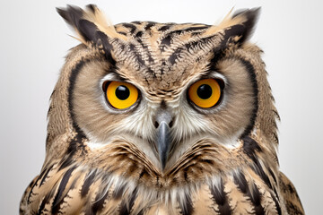 Obraz premium Eurasian Eagle-Owl close-up portrait on a white background.