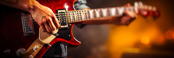 Close-up of hand playing electric guitar. - obrazy, fototapety, plakaty