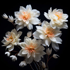 Fototapeta premium Bright white paper flower arragement on black background. Paper cut flower for decoration and pasting. Origami. 