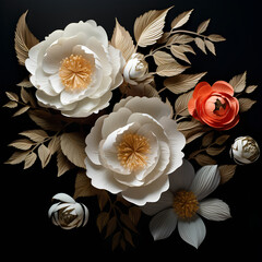 Bright white paper flower arragement on black background. Paper cut flower for decoration and pasting. Origami. 
