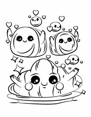 Doodle coloring page for children and adults. Cute kawaii food and sweets. Black and white illustration.
