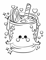 Doodle coloring page for children and adults. Cute kawaii food and sweets. Black and white illustration.