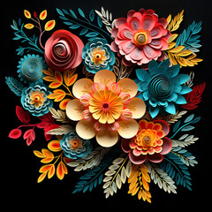 Fototapeta na wymiar Bright paper flower arragement on black background. Paper cut flower for decoration and pasting. Origami. 