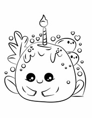 Doodle coloring page for children and adults. Cute kawaii food and sweets. Black and white illustration.