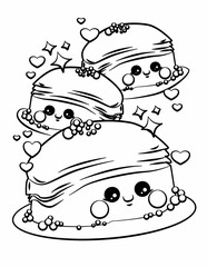 Doodle coloring page for children and adults. Cute kawaii food and sweets. Black and white illustration.