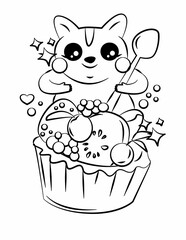 Doodle coloring page for children and adults. Cute kawaii food and sweets. Black and white illustration.