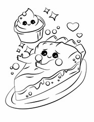 Doodle coloring page for children and adults. Cute kawaii food and sweets. Black and white illustration.
