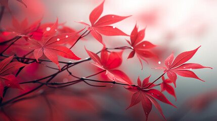 Close up of acer plant red leaves in misty diffuse light ambient occlusion.