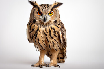 Fototapeta premium Eurasian Eagle-Owl on a white background. Animal front portrait.