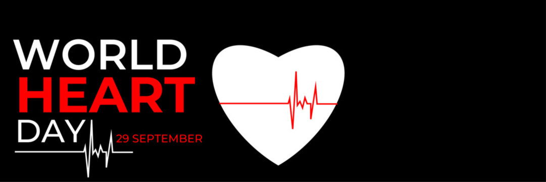 Emblem of World Heart Day with image of red heart on dark background. Medical sign on 29th of September. heart and pulse trace. suit for banner, cover, flyer, poster, backdrop, plain, texture. vector