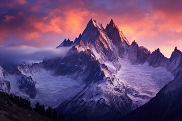 Beauty of a mountain range at twilight with rays of sun paint the peaks in hues of violet and gold,...