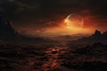 Beautiful lunar landscape, textured regolith and shadows scene beneath the soft glow of Earth on the horizon