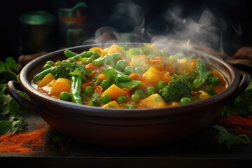 Steaming bowl of vegetable curry, displaying a variety of colorful and nutritious veggies.