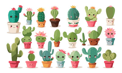 Many vector of a cute kawaii cactus