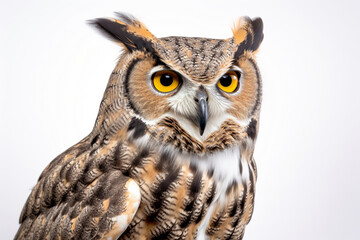 Obraz premium Great Horned Owl close-up portrait on a white background.