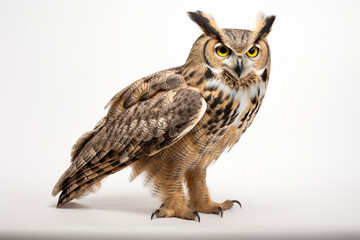 Fototapeta premium Great Horned Owl on a white background. Animal side portrait.