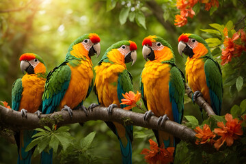 A group of colorful parrots in a forest
