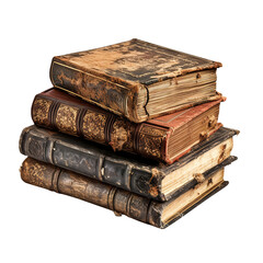 Four old books cut out with leather cover isolated on transparent background, clipping path, png, 