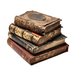 Stack of old books cut out with leather cover isolated on transparent background, clipping path, png, 