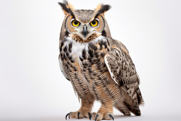 Fototapeta premium Great Horned Owl on a white background. Animal front portrait.