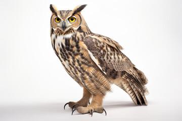 Obraz premium Great Horned Owl on a white background. Animal side portrait.